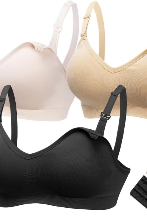 Maternity Nursing Bras for Breastfeeding, 3 Pack Pregnancy Deep V Neck Wireless Bra with Extenders & Clips