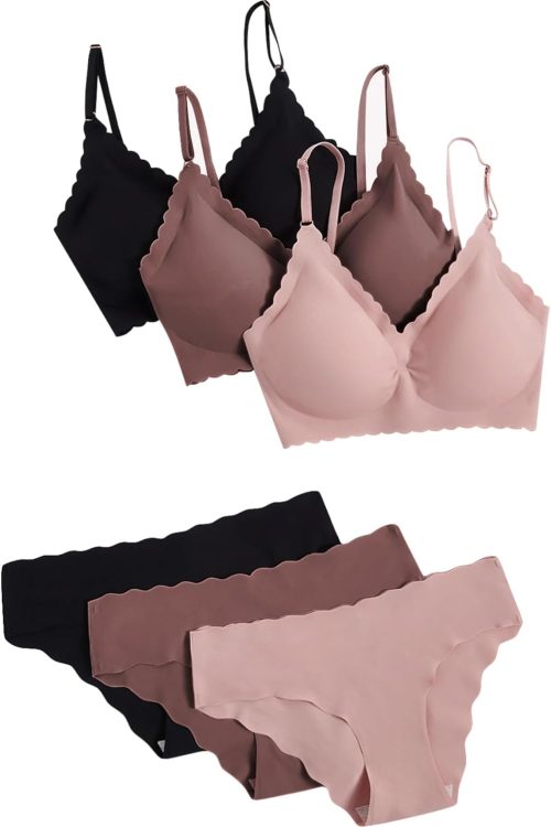Women's 6 Piece Scalloped Seamless No Show Bra and Panty Lingerie Sets