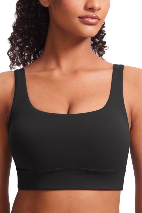 Womens U Back Sports Bra - Scoop Neck Padded Low Impact Yoga Bra Workout Crop Top with Built in Bra