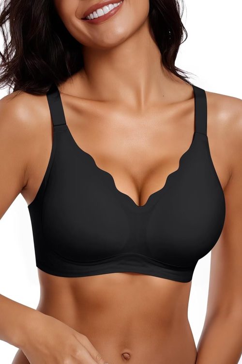 Womens Seamless Bras No Underwire Supportive Wireless Push Up Full Coverage Comfort Scalloped T-Shirt Bra