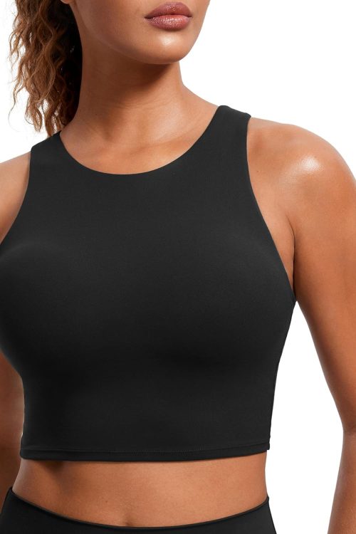 Racerback High Neck Longline Sports Bras for Women - Padded Workout Crop Tank Tops with Built in Bra