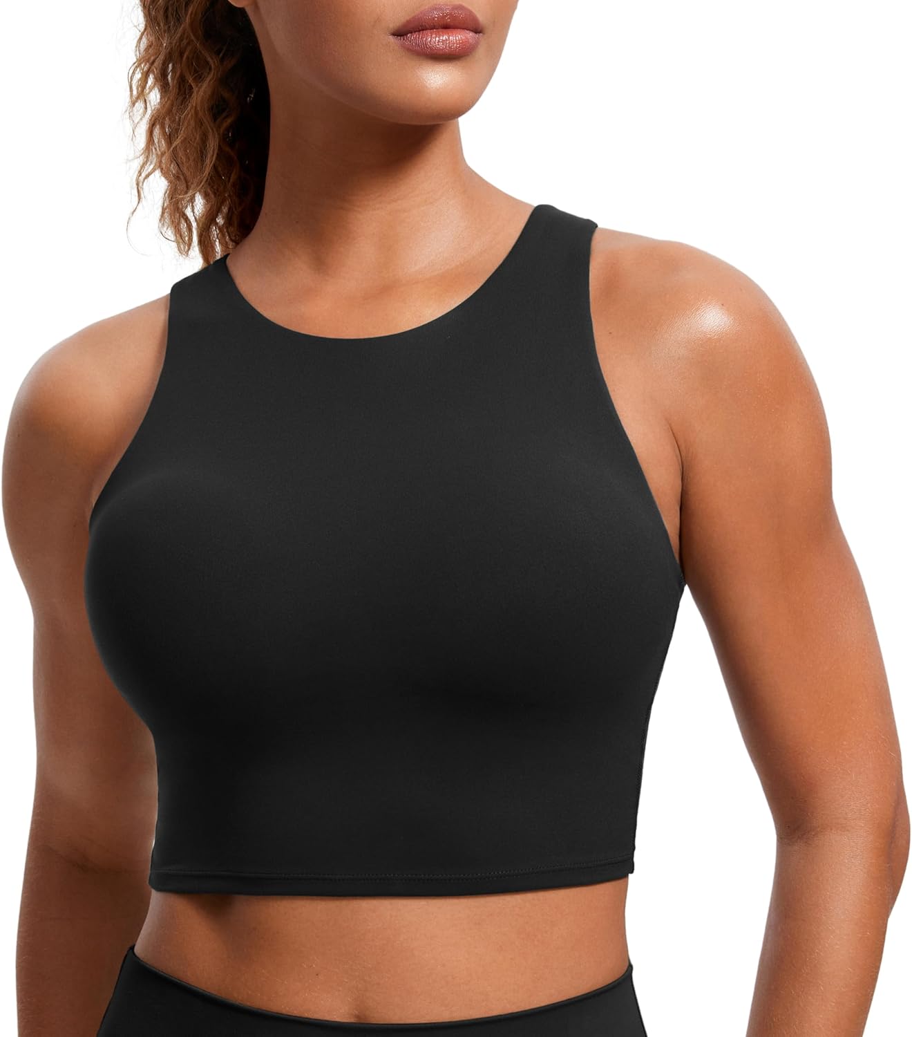 Racerback High Neck Longline Sports Bras for Women - Padded Workout Crop Tank Tops with Built in Bra