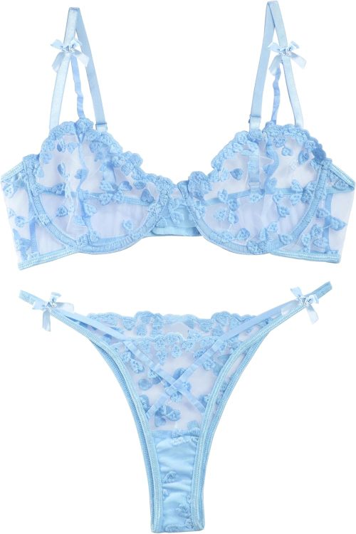 Sexy Underwire Cute Push Up Strappy Embroidered Mesh Sheer Lingerie Set See Through Panty Bra