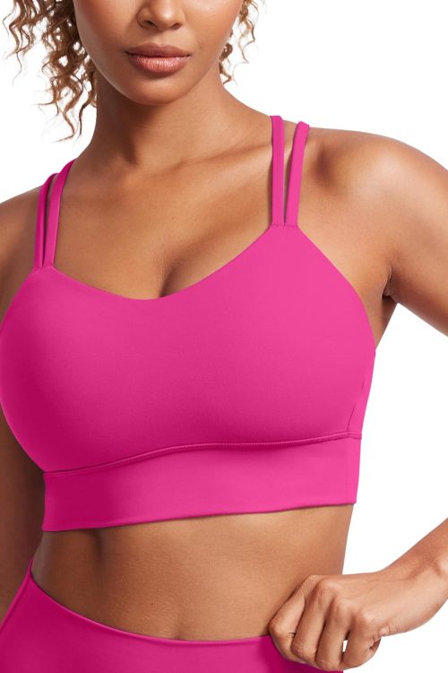 Womens  Strappy Longline Sports Bra - Molded Cup Double Spaghetti Strap Workout Bra Yoga Crop Tank Top