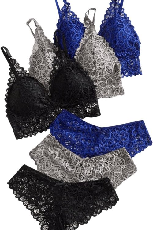 Women's 6 Piece Bow Floral Lace Lingerie Wireless Padded Bra and Panty Set