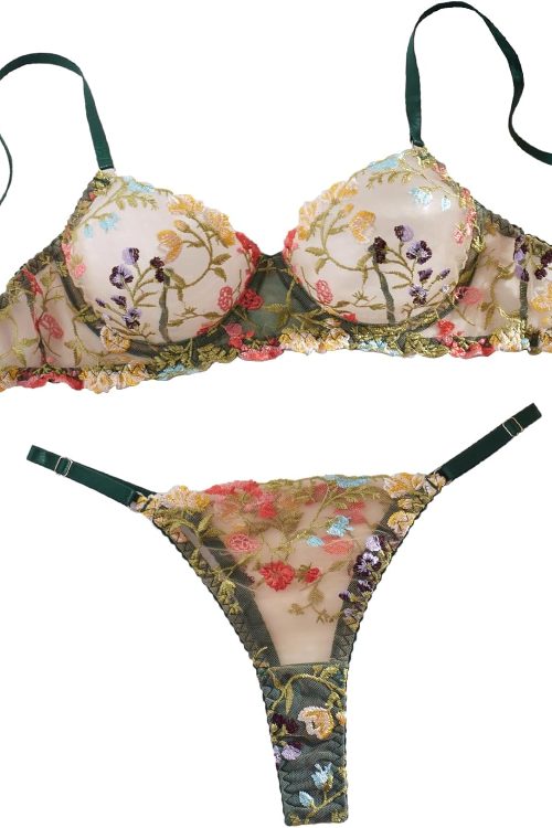 Sexy Floral Embroidered Flower Mesh Underwire Push Up Lingerie Set