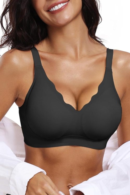 Womens Comfortable Wireless Bras Push Up Seamless  Soft V Neck  Scalloped Full Coverage Everyday Bra