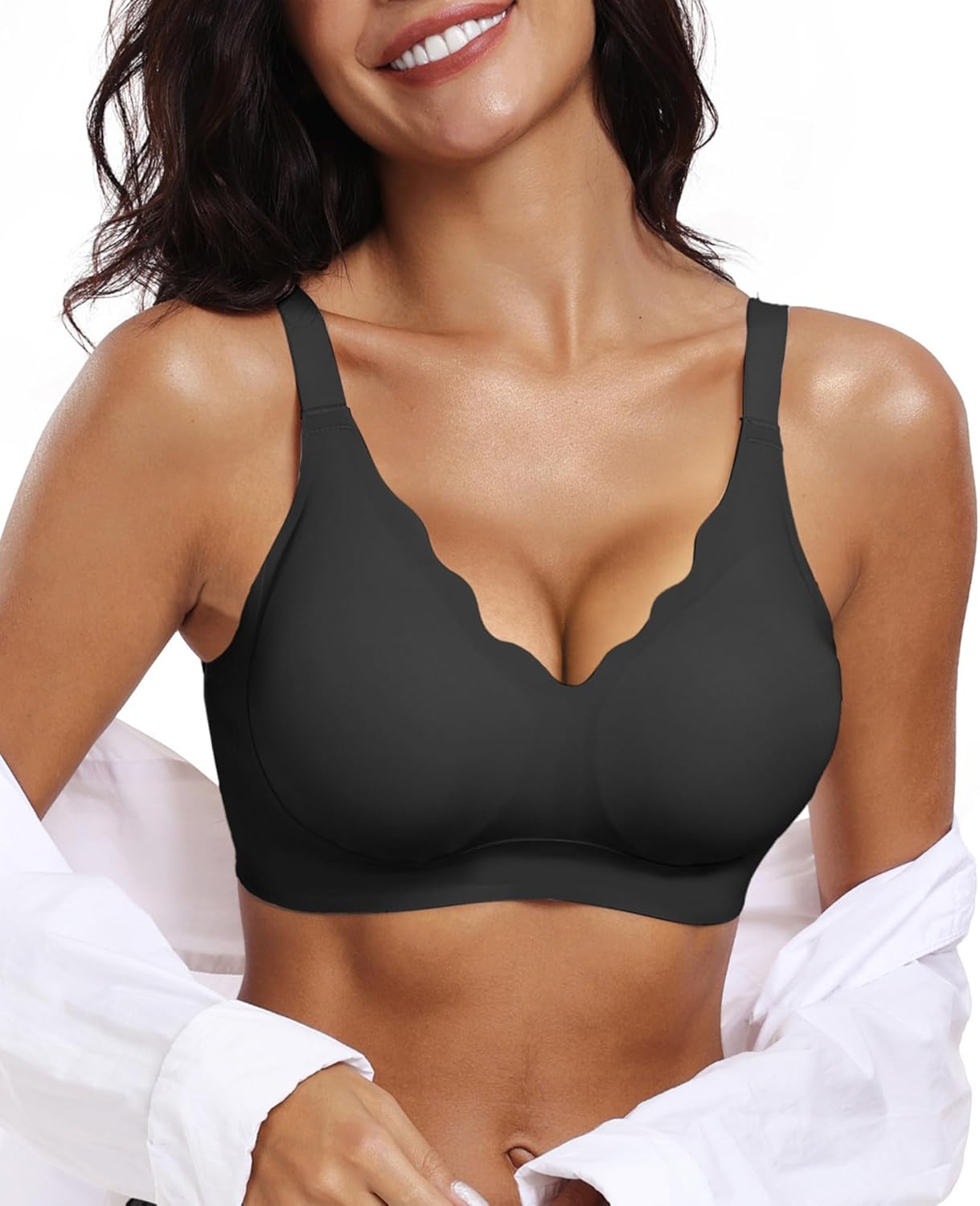 Womens Comfortable Wireless Bras Push Up Seamless Soft V Neck Scalloped Full Coverage Everyday Bra
