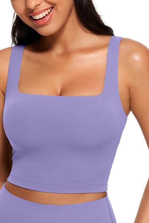 Womens Square Neck Longline Sports Bra - Workout Crop Tank Tops Padded with Built in Shelf Yoga Bra